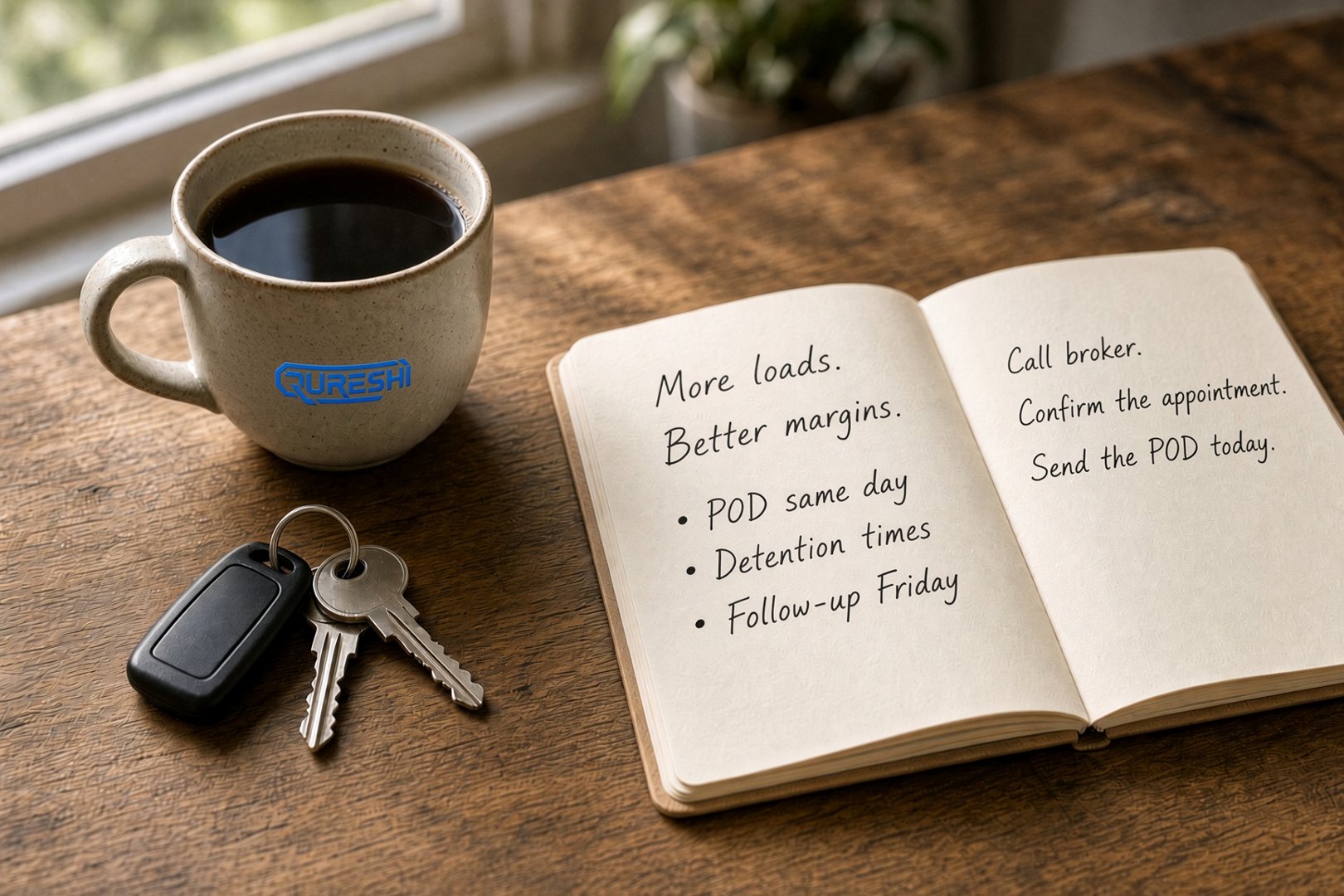 Coffee cup with a small company mark beside an open notebook of dispatch notes