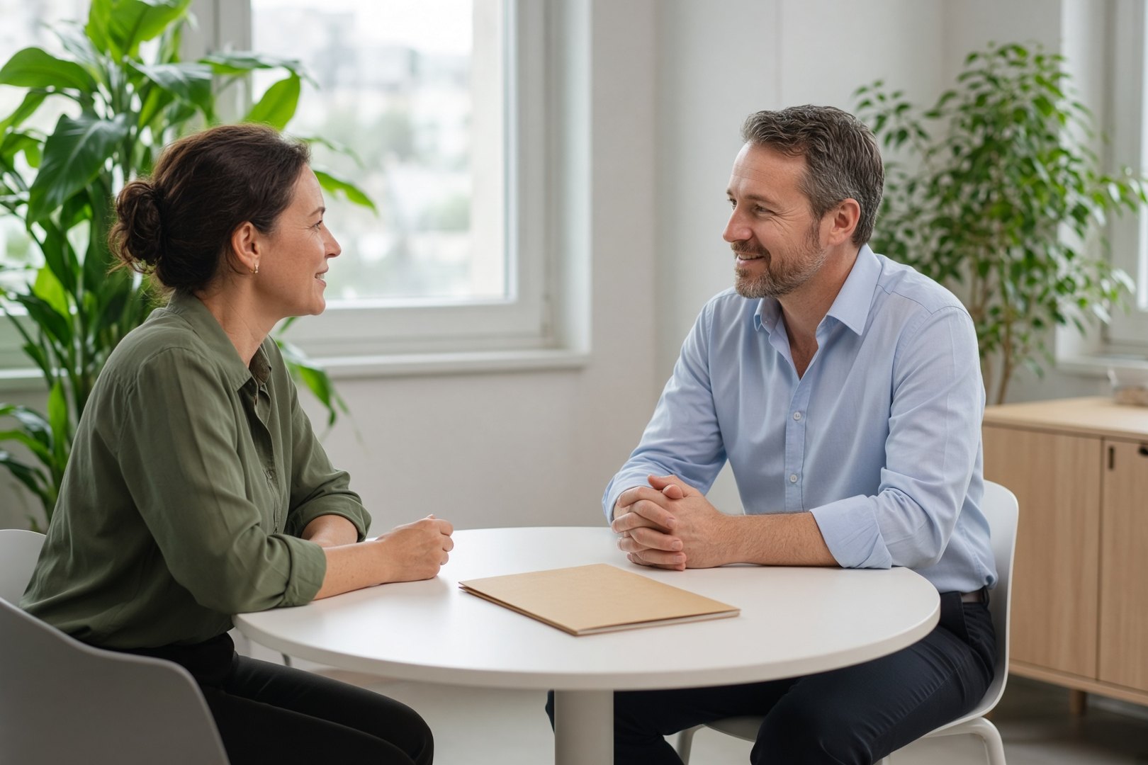A conversation across a table with a closed folder