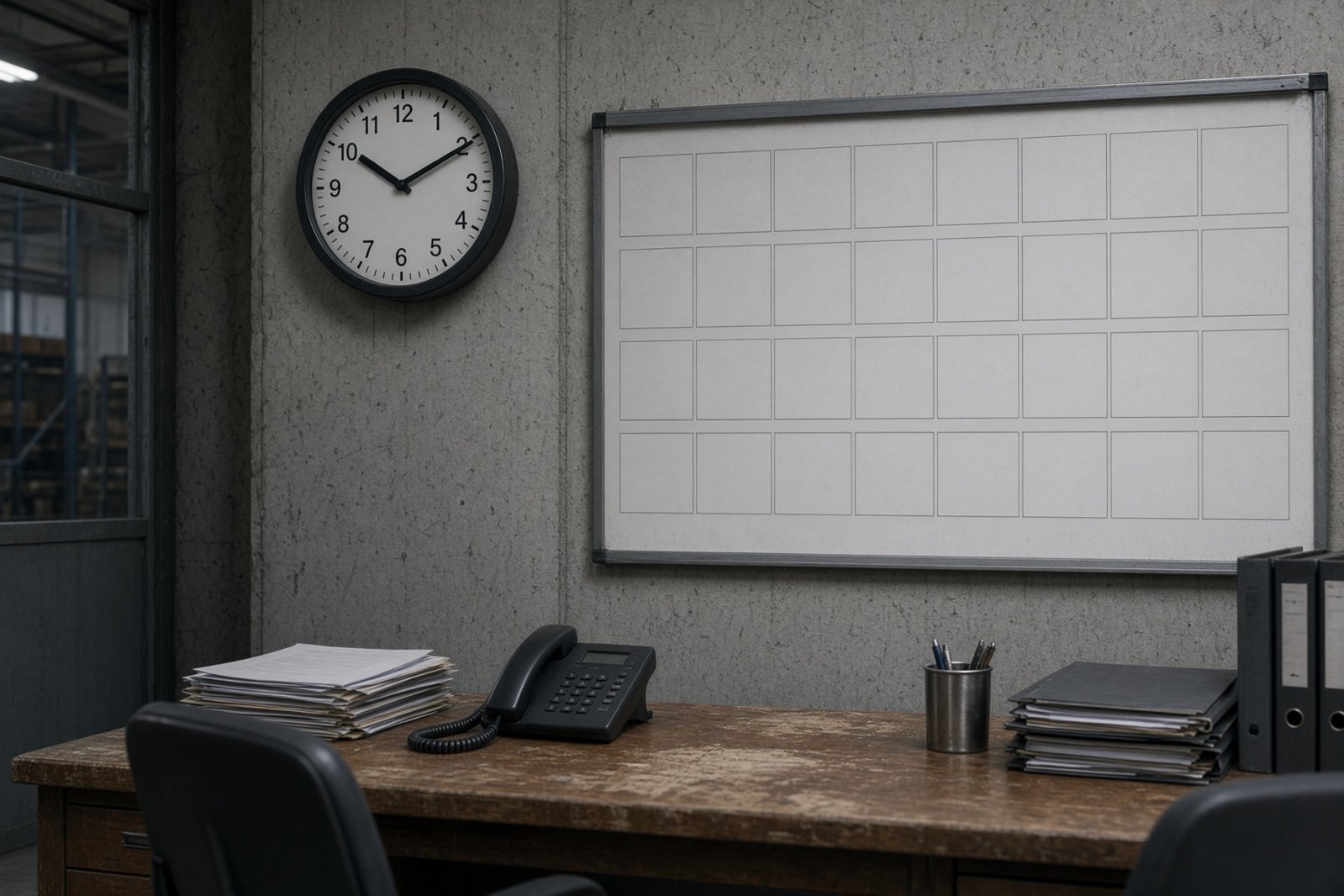 A warehouse appointment board shows tight time slots while a truck idles outside a closed dock door.